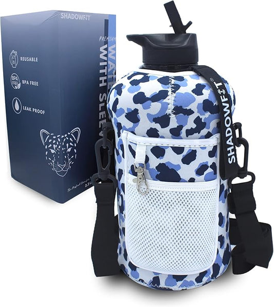 Half Gallon Water Bottles (74 ounce, 2.2 Liter) with Straw Lid Handle and Storage Sleeve - Large Jug Holder with Strap for Drinking during Workout and Exercise