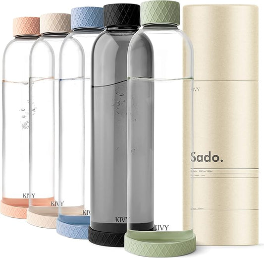 KIVY 32 oz Glass Water Bottle with Silicone Sleeve - BPA free Glass Water Bottles 32 oz - Green water bottles glass bottle clear - Borosilicate glass water bottle 32 oz - Glass drinking bottle