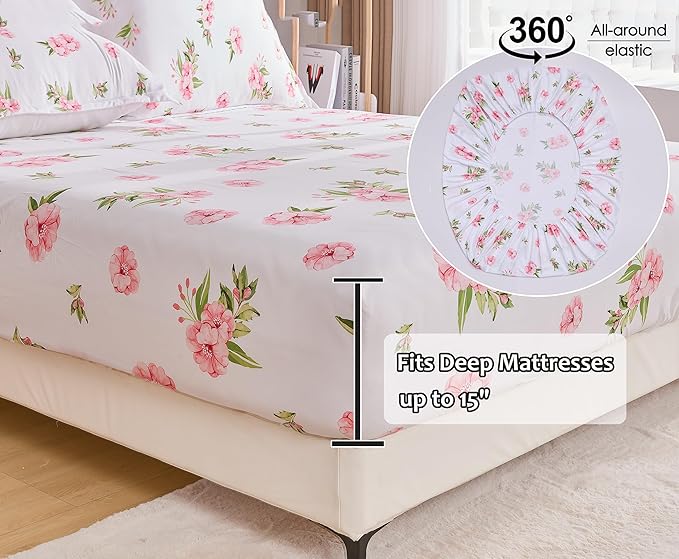 Queen Sheet Set White Pink Floral Bed Sheets Set Cute Soft Microfiber Cooling Sheets 4 Pieces Queen Size Bed Set Wrinkle Free, 15 inch Deep Pocket Fitted Sheet, Flat Sheet, Pillowcases