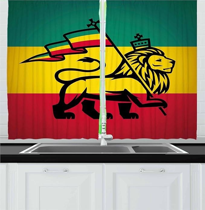 Ambesonne Rasta Kitchen Curtains, Judah Lion a Rastafari Flag Jungle Reggae Theme Art Vivid Colorful Print, Window Drapes 2 Panel Set for Kitchen Cafe Decor, 55" x 24", Yellow Red