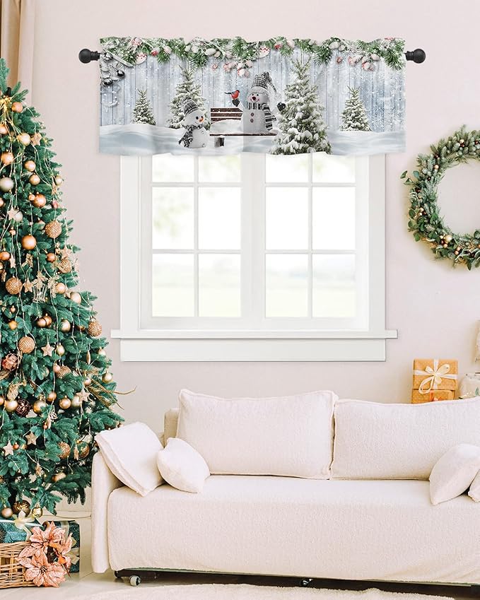 Merry Christmas Valance Curtains for Kitchen Windows Xmas Snowman Snowy Pine Tree Rod Pocket Window Treatment Toppers for Kitchen/Living Room/Bedroom/Bathroom, 60" X 18", Blue Winter