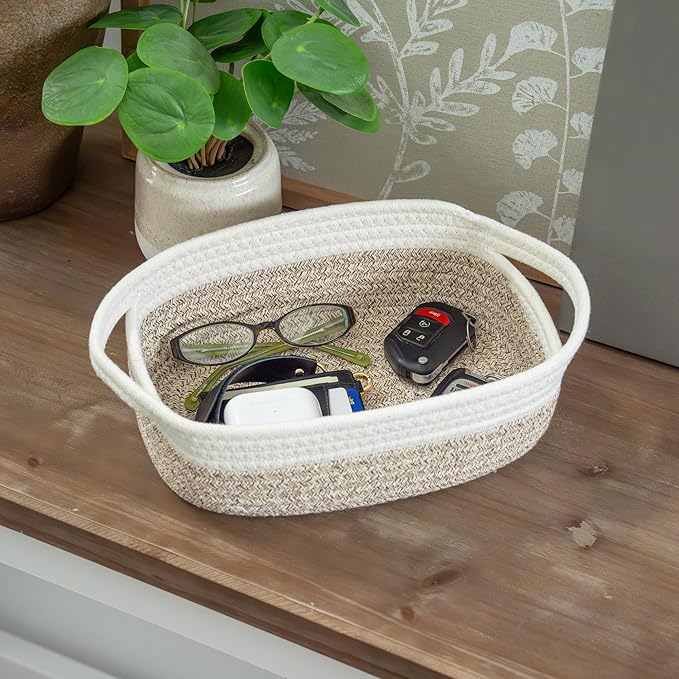 OrganiHaus Set of 5 Rectangle Bathroom Storage Baskets for Organizing, Small Woven Baskets for Storage Basket for Bathroom, Nursery Storage Basket for Baby Nursery Organization, Cute Bin, Brown/White