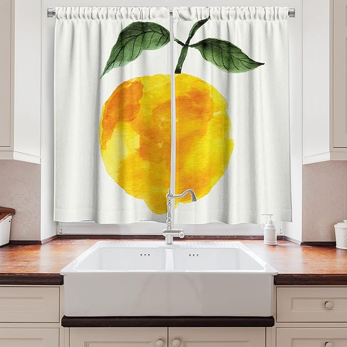 Ambesonne Yellow and Orange Long Kitchen Curtains, Hand Drawn Lemon with Watercolors Inspired by Summer Organic and Natural Food, Two Panels Drapes with Rod Pocket Room Decor, 55" x 45", Yellow Orange