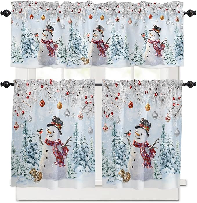 Snowman Kitchen Curtains and Valances Set, Blue Merry Christmas Tree Red Balls Squirrel Windows Treatments Tiers Half/Short Curtains for Small Windows Cafe /Living Room/ Bedroom 54x36 in Winter