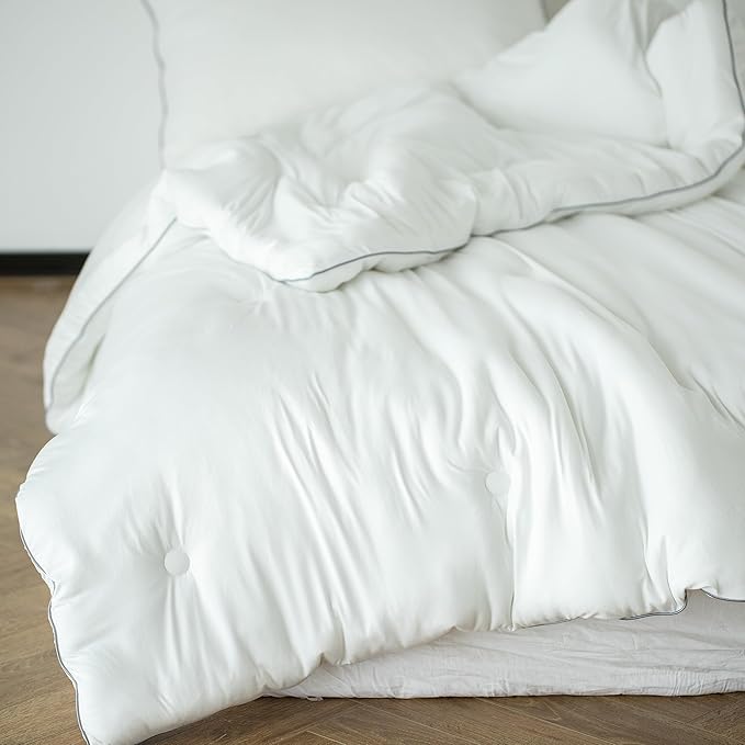 KASENTEX Super-Duper Ultra Soft Jersey Knit Queen Comforter Set, Buttery Smooth Bed Bedding White Comforter 3 Piece Solid Breathable - All Season Queen Size with 2 Pillow Case Shams, 88x90 inches