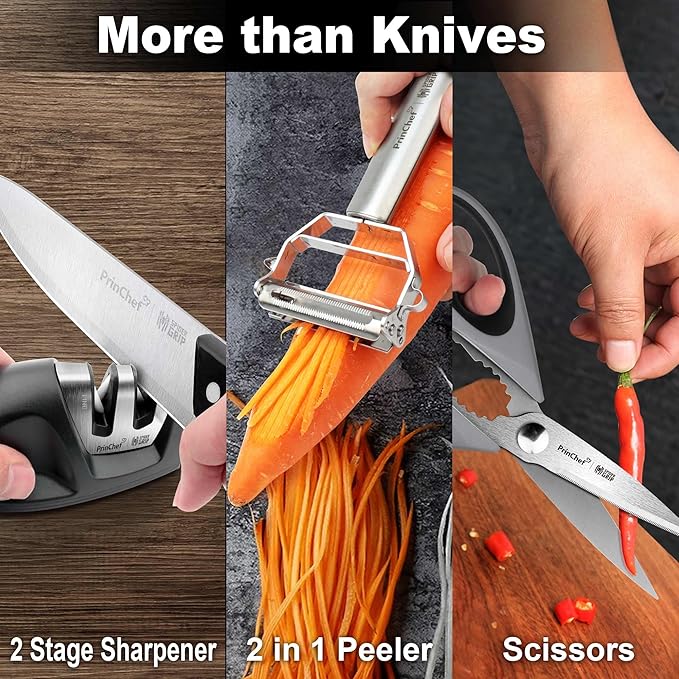 PrinChef Knife Set, 19 Pcs Rust Proof Knives Set for Kitchen, with Acrylic Stand, Sharpener, Scissors and Peeler, Stainless Steel kitchen knife set Nonstick and No Scratch