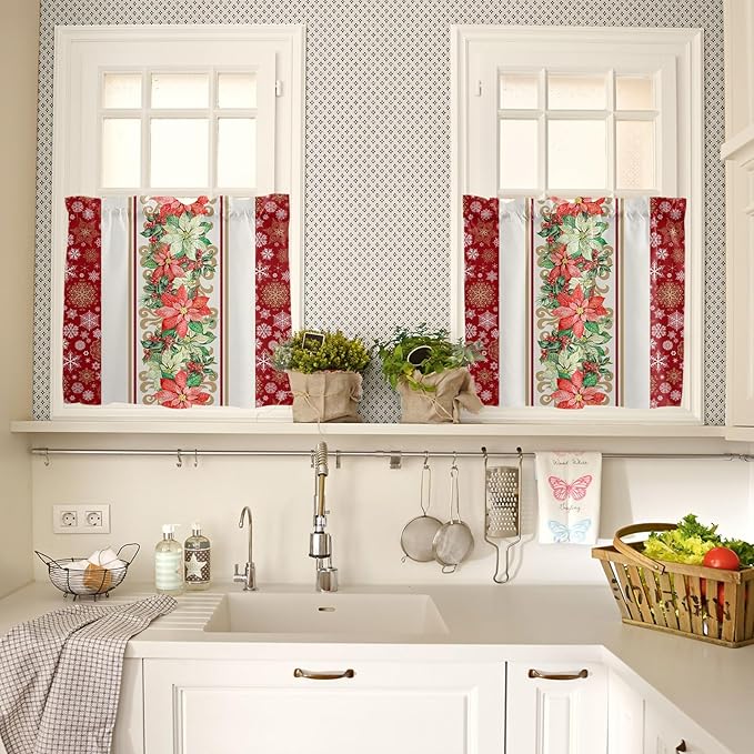 Watercolor Poinsettia Christmas Kitchen Curtains and Valances Set, Red Xmas Winter Holiday Windows Treatments Tiers Half/Short Curtains for Small Windows Cafe /Living Room/ Bedroom 54x36 in Gold White