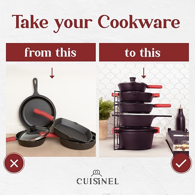 Cuisinel Pan Organizer - Silicone-Coated Non-Slip 15" Heavy Duty Skillet Rack - Kitchen Counter/Cabinet Organization Storage - Cookie Sheet, Cutting Board, Cast Iron Cookware, Pots, Lid Stand/Holder