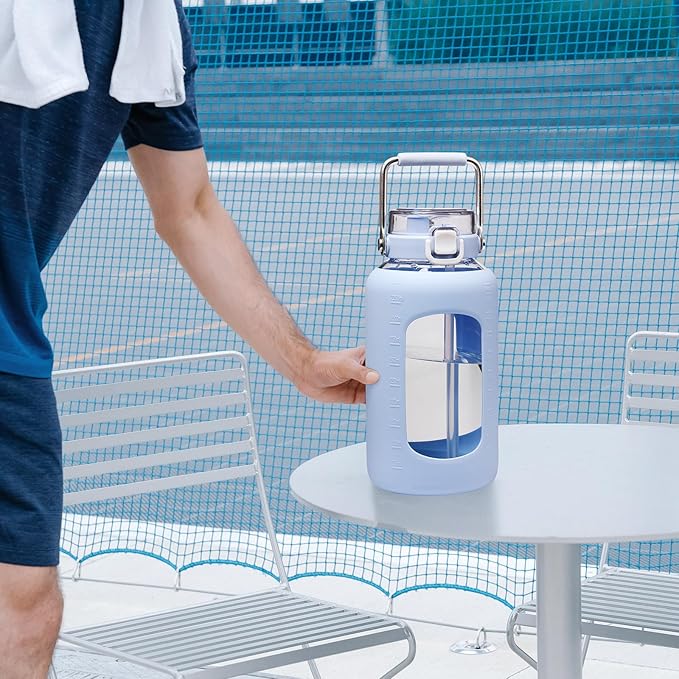 84oz Glass Water Bottle with Stainless Steel Handle,2.5L Gallon Water Bottle With 2-IN-1 Straw Lid, Silicone Sleeve and Motivational Capacity Marker, Wide Mouth Water Jug For Gym, Workout, Blue