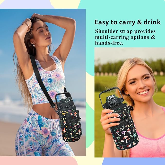 64 oz Water Bottle with Straw Sleeve & Strap Motivational Half Gallon Water Jug with Handle for Gym Women Men Aesthetic Water Bottle with Strap Black Mushroom