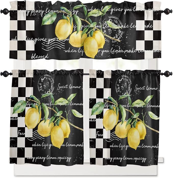 Kitchen Curtains and Valances Set,Summer Tropical Lemon Window Treatments Tiers Buffalo Plaid Black White Semi Sheer Half/Short Curtains for Small Windows Cafe /Living Room/ Bedroom 54x36 in, 3-Piece