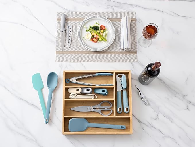 COOK WITH COLOR Bamboo Kitchen Utensil Set with Drawer Organizer | Cooking Tools and Storage Caddy, Blue, 18 Piece Gadget Set