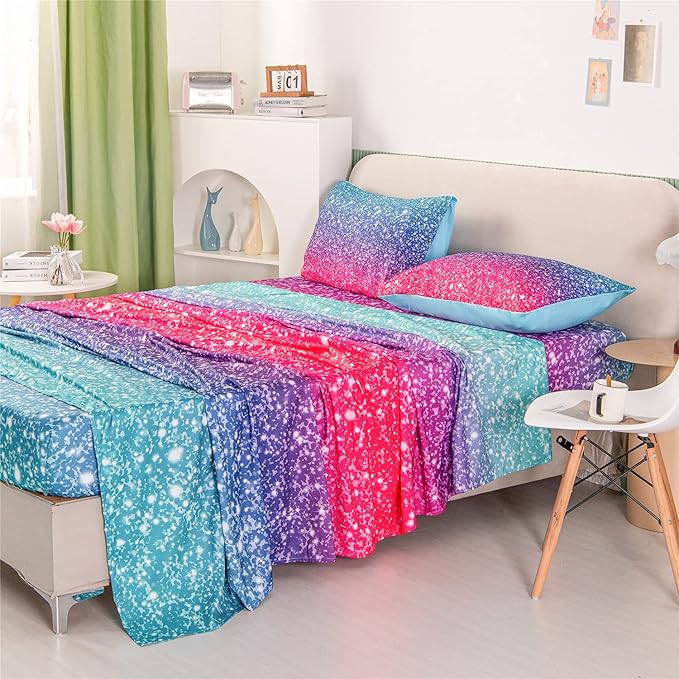 RYNGHIPY Colorful Glitter Bed Sheet Collections, Glitter Rainbow Theme Fitted Sheet Full Size, Mermaid Design Sheets Set for Girls (Pink Blue,Full)