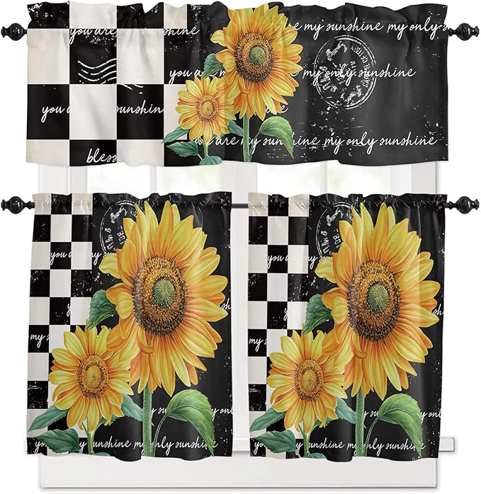 Kitchen Curtains and Valances Set,Farmhouse Sunflower Window Treatments Tiers Black White Buffalo Plaid Semi Sheer Half/Short Curtains for Small Windows Cafe /Living Room/ Bedroom 54x24 in, 3-Piece