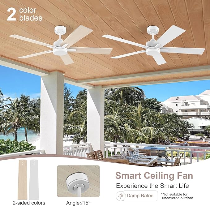 52” Smart Ceiling Fan with Lights Remote,Voice Control via Alexa Google WIFI App,Ultra Quiet DC Motor,Outdoor Indoor Modern Ceiling Fans,6-Speed for Bedroom Patio Porch,White and Wood Color