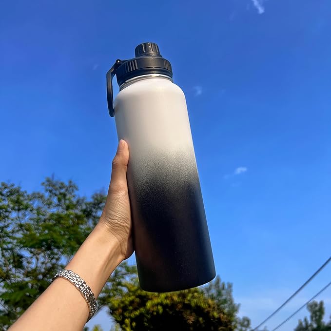 4pack 40 oz Insulated Water Bottle With Straw, Stainless Steel Sports Water Cup Flask with 2 Lids, Wide Mouth Travel Thermal Mug,Black white