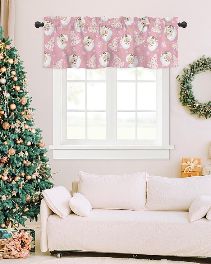 Pink Christmas Valance Curtains for Kitchen Windows Santa Claus Merry Christmas Tree Rod Pocket Window Treatment Toppers for Kitchen/Living Room/Bedroom/Bathroom, 42" X 18", Winter Snowflake