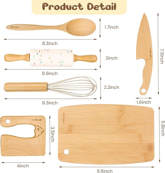 Wooden Kids Safe Knife and Kids Baking Set for Real Cooking, 6 PCS Toddler Montessori Kitchen Tools, Cooking and Baking for Kids Little Chefs