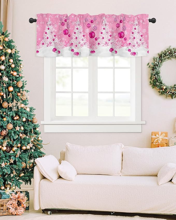 Pink Christmas Valance Curtains for Kitchen Windows White Xmas Tree Snowflakes Pink Balls Rod Pocket Window Treatment Toppers for Kitchen/Living Room/Bedroom/Bathroom, 42" X 18", Winter