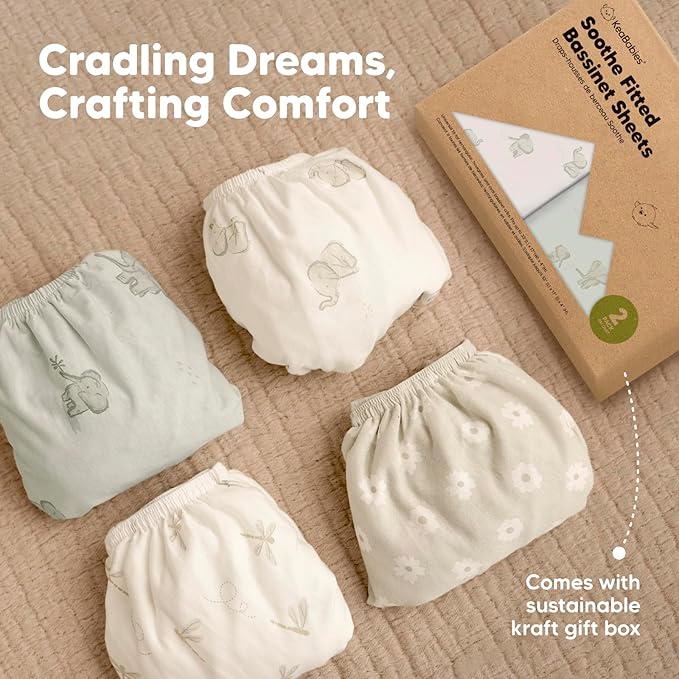 2-Pack Organic Bassinet Sheets for Girls, Boys - 100% Cotton Bassinet Mattress Sheets Compatible with Halo Bassinest Swivel Sleeper, Graco,Baby Delight,Chicco,Unisex Fitted Bassinet Sheets (Dreamland)