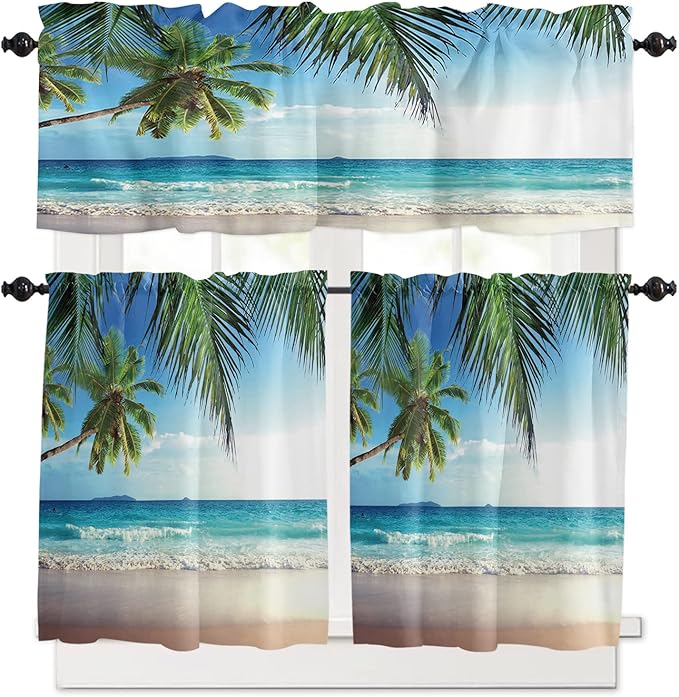 Kitchen Curtains and Valances Set,Palms Tree Ocean Tropical Sea Window Treatments Tiers Beach Theme Semi Sheer Half/Short Curtains for Small Windows Cafe /Living Room/ Bedroom 54x36 in, 3-Piece