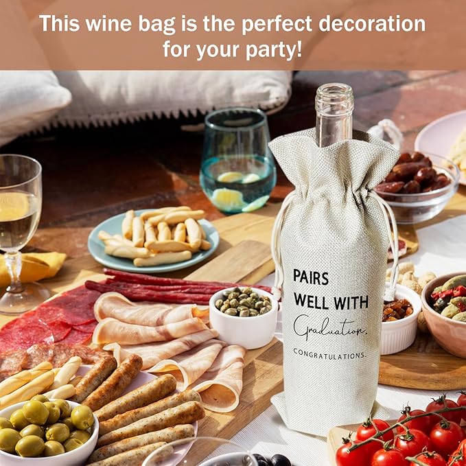 Graduation Wine Gift Bags & Card, Graduation Gifts for Him Her Son Daughter College, Pairs Well With Graduation, 1 pcs Reusable Burlap Wine Gift Bags for Wine Bottles, Graduation Party Decor Favor -28