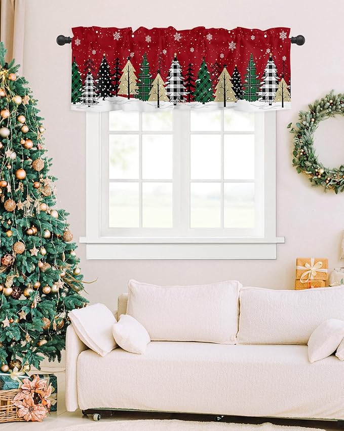 Red Merry Christmas Valance Curtains for Kitchen Windows Green Christmas Tree Rod Pocket Window Treatment Toppers for Kitchen/Living Room/Bedroom/Bathroom, 60" X 18", White Snow Forest Winter