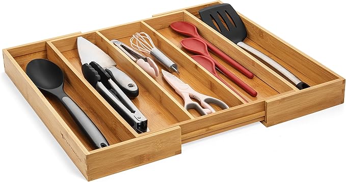 Purawood 2 PACK Large Premium Bamboo Silverware Organizer - Expandable Kitchen Drawer & Utensil Organizer, 17.5" x 19.75" Cutlery Tray with Drawer Dividers for Kitchen Flatware…
