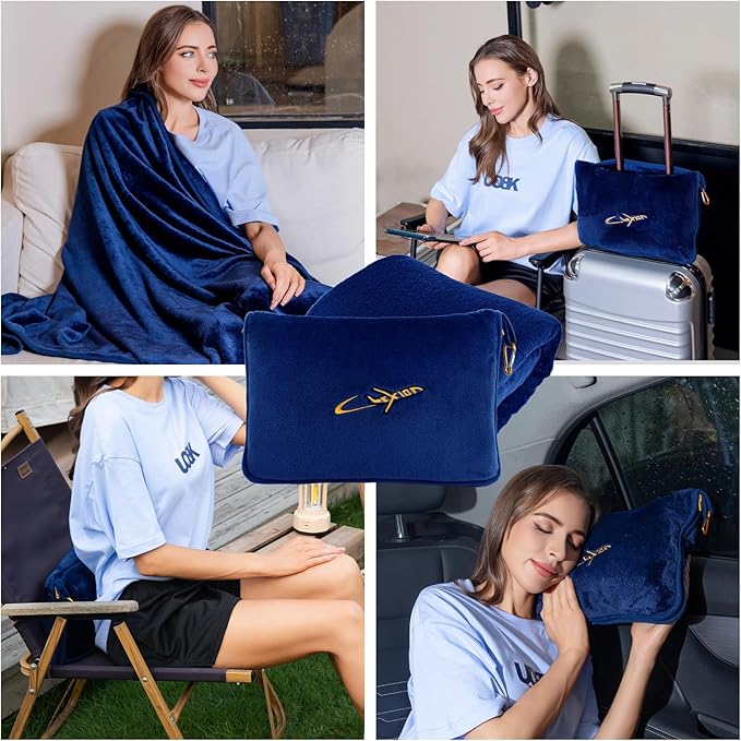 3 in 1 Travel Pillow and Blanket Set, Premium Soft 300 GSM Thick Airplane Blanket Compact with Bag for Long Trips Essentials, Hand Luggage Sleeve and Backpack Clip (Navy)