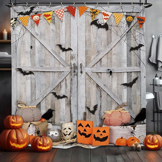 Halloween Pumpkin Bat Shower Curtain 60Wx72L Inch Horror Spooky Scary Barn Door Farmhouse Rustic Wood Wooden Holiday Bathroom Set Accessories Decor with 12 Pack Hooks