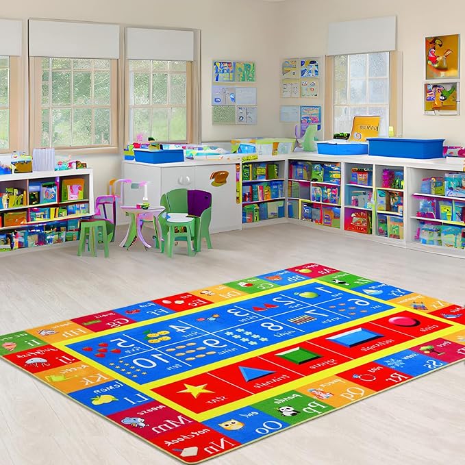 Baby Play Mat Kids Rug for Playroom, ABC Alphabet Numbers and Shapes Educational Learning Mat for Classroom, Soft Game Play Area Rug Carpet for Toddler Boys Girls Childern Nursery Room, 5x7 Ft