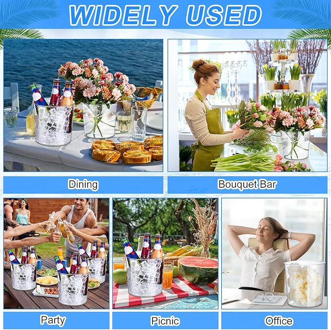 Plastic Ice Bucket Clear Flower Vases 6L Large Champagne Beer Buckets Classic Transparent Wine Chiller Tub Portable Wine Cooler Bucket Multipurpose Trash Can Wastebasket for Party Bar Kitchen (12 Pcs)