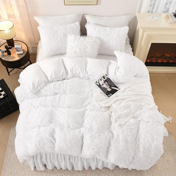 Litanika White Fluffy Comforter Queen, Luxury Plush Shaggy Fuzzy Bedding Set for Queen Bed, Ultra Soft Warm Velvet Comforter 3 Pieces(1 Faux Fur Comforter 90×90 Inch, 2 Pillowcases)