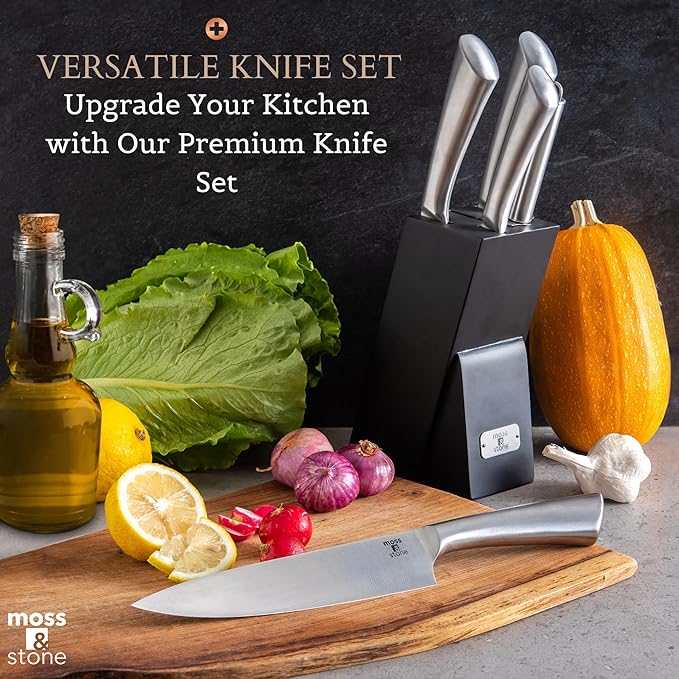 Moss & Stone Professional Kitchen Knife Chef Set, 6 Pcs Small Knife Set With Block, Premium Kitchen Knife Set Stainless Steel, Scratch Resistant & Rust Proof, Knife Block With Sharp Cooking Knives.