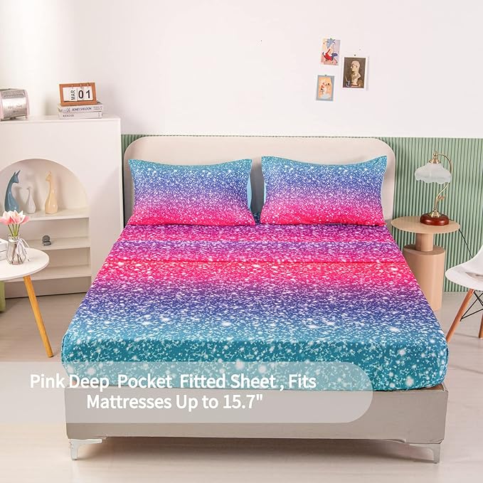 RYNGHIPY Colorful Glitter Bed Sheet Collections, Glitter Rainbow Theme Fitted Sheet Full Size, Mermaid Design Sheets Set for Girls (Pink Blue,Full)