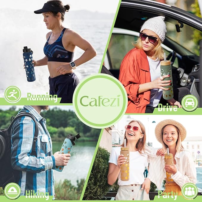 32oz Glass Water Bottles with 2 Lids-Bamboo Straw Lid & Spout Cap,Motivational Water Tumbler with Silicone Sleeve with Time Marker,Leakproof