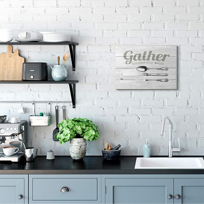 Stupell Industries Gather Silverware Kitchen Wood Texture Word, Design by The Saturday Evening Post Art, 13 x 19, Wall Plaque