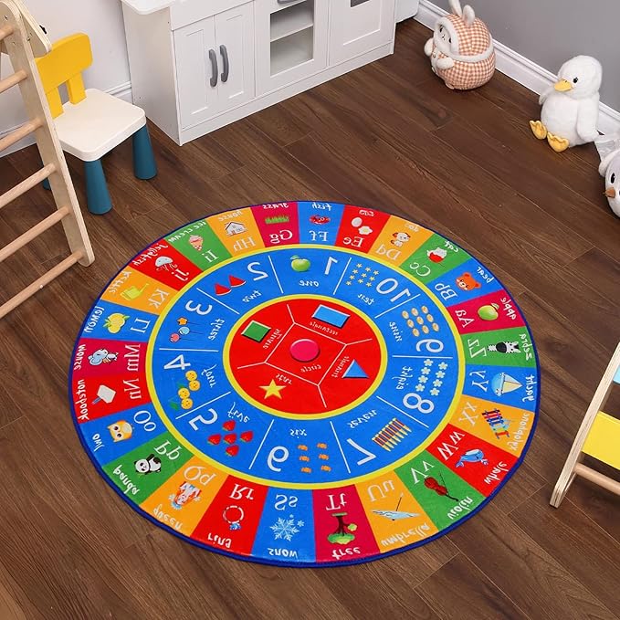 Round Kids ABC Rug 4ft, Alphabet Numbers Shapes Learning Mat for Children Playroom Bedroom, Educational Soft Circle Rug Carpet for Classroom Infant Toddlers Kids Room Game Area, Multi Color