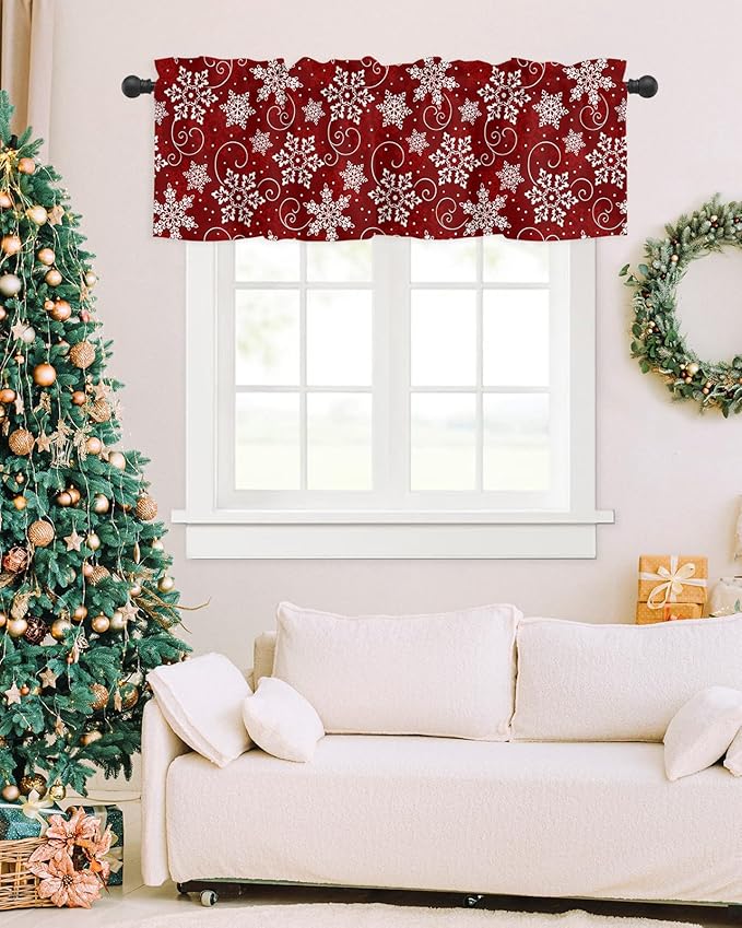 Christmas Valance Curtains for Kitchen Windows Red White Snowflakes Pattern Rod Pocket Window Treatment Toppers for Kitchen/Living Room/Bedroom/Bathroom, 42" X 12", Winter