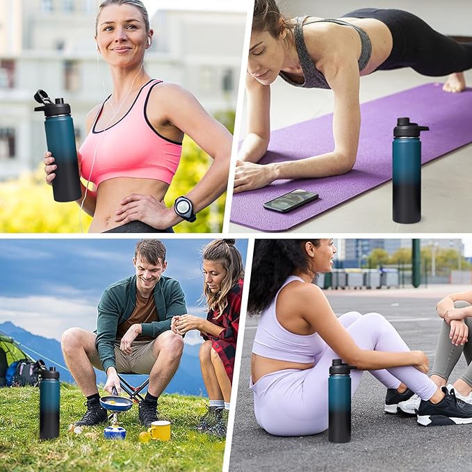 24oz Insulated Water Bottle with Handle, Stainless Steel Water Bottles with Wide Mouth, Double Wall Vacuum Sports Water Bottle, BPA Free, Keep Cold and Hot, Blue&Black