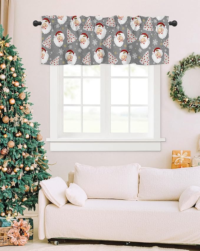 Grey Christmas Valance Curtains for Kitchen Windows Santa Claus Merry Christmas Tree Rod Pocket Window Treatment Toppers for Kitchen/Living Room/Bedroom/Bathroom, 54" X 18", Winter Snowflake