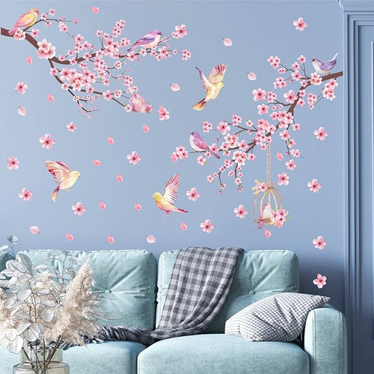 Cherry Blossom Wall Decal Peel and Stick Wall Art Decals Pink Flower Wall Decals Tree Branch Birds Wall Stickers Spring Cherry Flowers Wall Decals for Living Room Bedroom Kitchen Nursery Window Decor