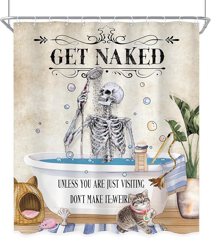 Funny Skull Skeleton Shower Curtain 60Wx72L Inch Gothic Spooky Cute Cat Cool Unique Bone in Bathtub Retro Horror Scary Bathroom Set Halloween Plant Bath Curtain Bathtub Accessories Home Decor