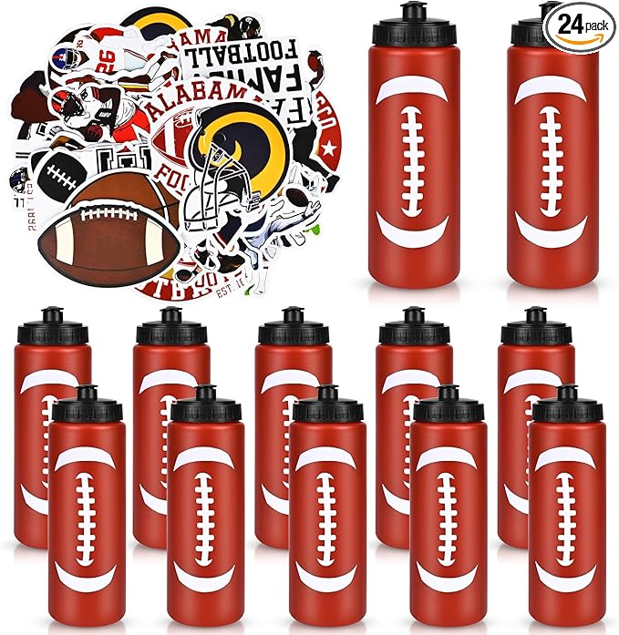 12 Pack Bulk Football Sports Water Bottle with 12 Pack Sticker Gift Set, Squeeze BPA-Free Reusable Water Bottles for Football Team Party Favors Gift(20OZ)
