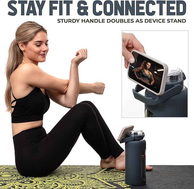 64oz Glass Water Bottle | Blue Water Bottle with Straw & Time Marker | Half Gallon Water Bottle with Measurements & Silicone Sleeve | Suitable for Travel, Gym, Sports & Daily Intake