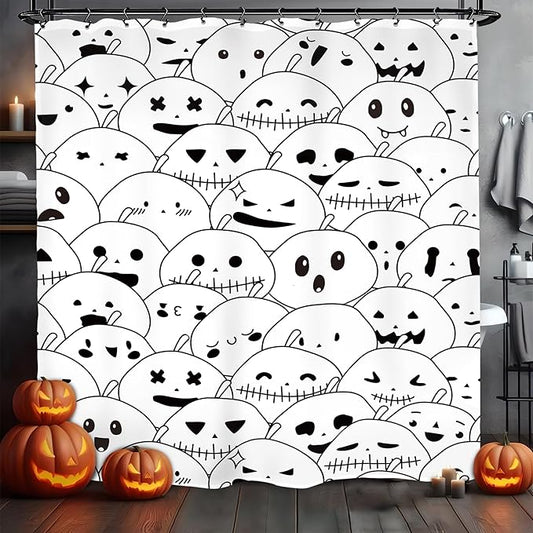 Halloween Pumpkin Ghost Kids Shower Curtain 60Wx72L Inch Horror Scary Spooky Black White Cartoon Lovely Cute Bathroom Set Accessories Decor with 12 Pack Hooks
