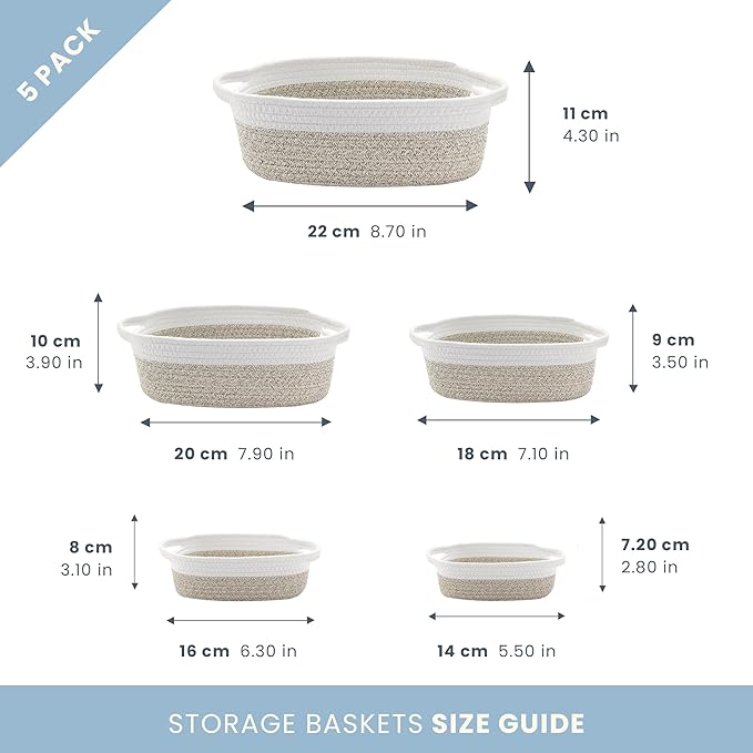 OrganiHaus Set of 5 Rectangle Bathroom Storage Baskets for Organizing, Small Woven Baskets for Storage Basket for Bathroom, Nursery Storage Basket for Baby Nursery Organization, Cute Bin, Brown/White