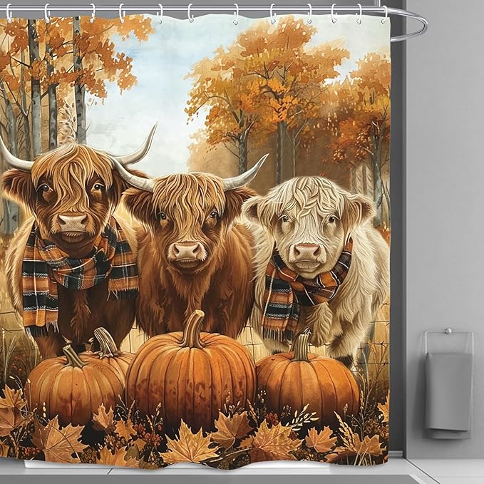 Autumn Highland Cow Shower Curtain 60Wx72L Inch Fall Bull Pumpkin Harvest Maple Orange Animal Thanksgiving Funny Seasonal Bathroom Set Accessories Decor with 12 Pack Hooks