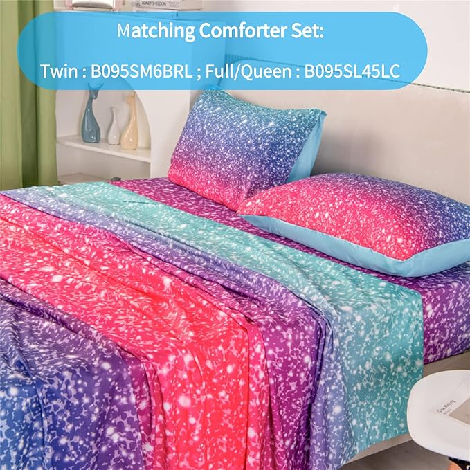 RYNGHIPY Colorful Glitter Bed Sheet Collections, Glitter Rainbow Theme Fitted Sheet Full Size, Mermaid Design Sheets Set for Girls (Pink Blue,Full)