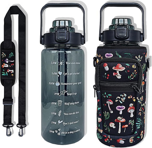 64 oz Water Bottle with Straw Sleeve & Strap Motivational Half Gallon Water Jug with Handle for Gym Women Men Aesthetic Water Bottle with Strap Black Mushroom